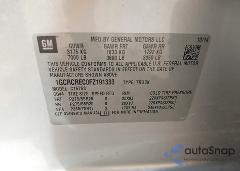 2015 Chevrolet Silverado 1500 1Lt из США, поврежденный, VIN 1GCRCREC0FZ191333